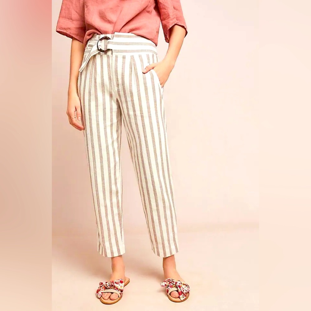 Anthropologie Linen Striped Brown White Oasis Slim Belt D-Ring Pant SZ 12
